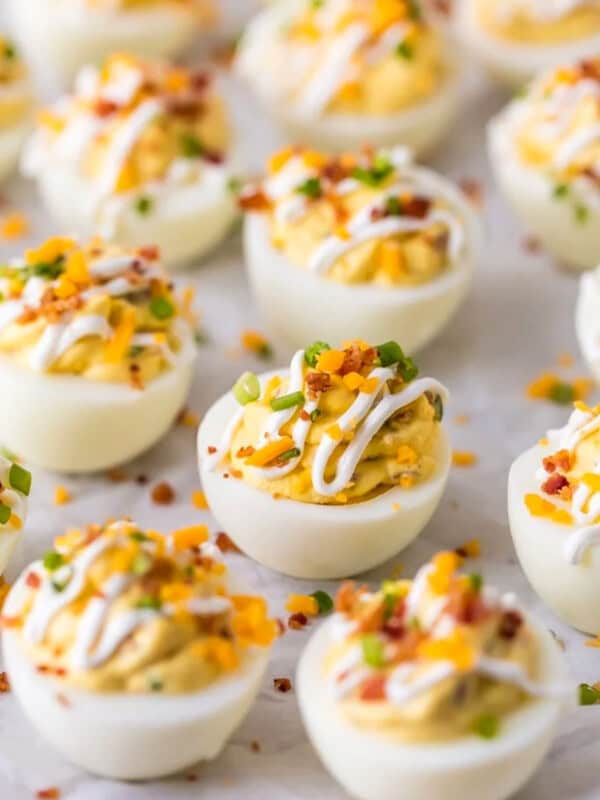 loaded deviled eggs on parchment