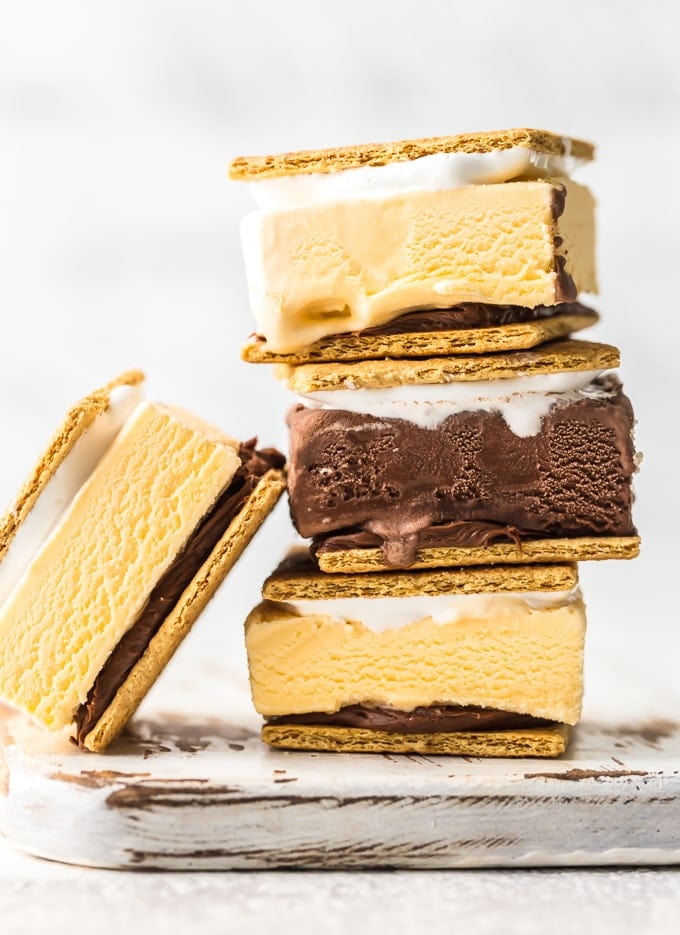 smores ice cream sandwiches stacked on each other