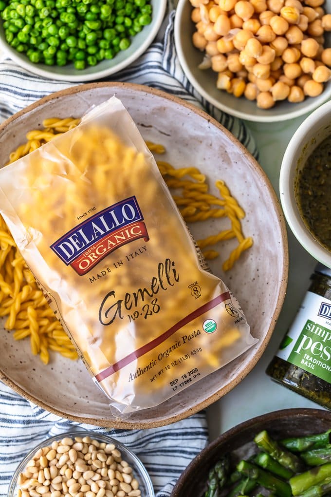 Delallo Gemelli package on a plate
