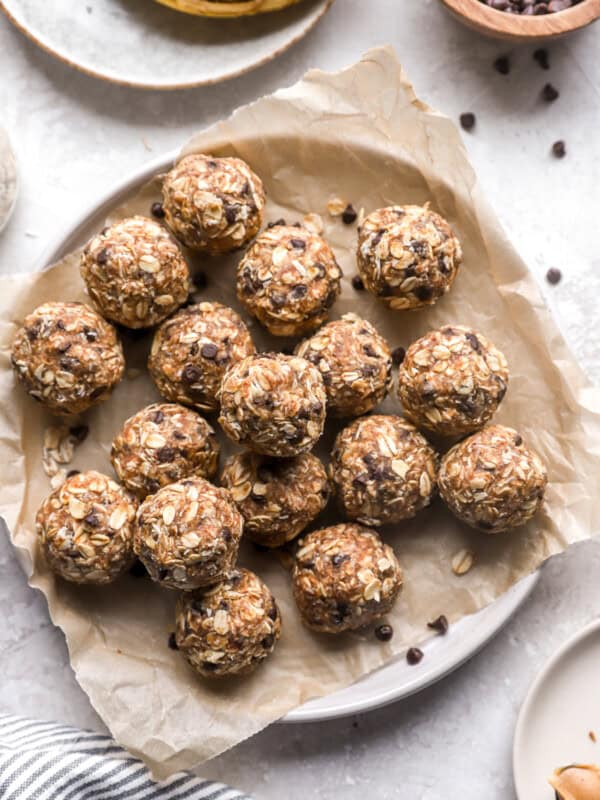 overhead view of healthy peanut butter energy balls on a plate.