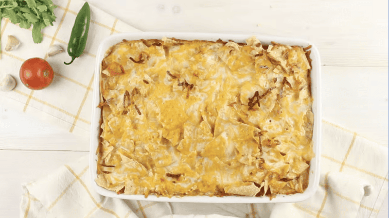 baked king ranch chicken casserole in a casserole dish.