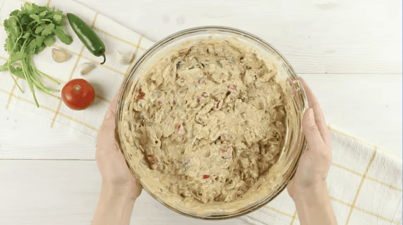 king ranch chicken filling in a glass bowl.