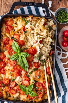 This Chicken Alfredo Pasta Bake is so cheesy, so creamy, and so full of flavor! I love this Chicken Alfredo Casserole for easy weeknight dinners. It's filled with chicken, cheese, tomatoes, pasta, and vegetables, and cooked in a creamy Alfredo sauce. I can't get enough of this Chicken Alfredo Bake!