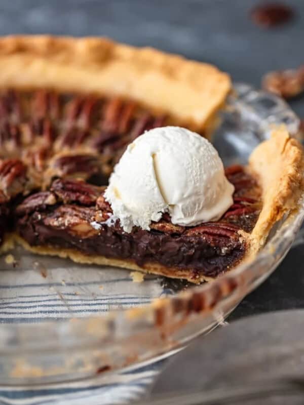 A slice of chocolate pecan pie.