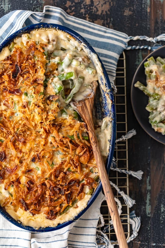 A baking dish filled with classic green bean casserole