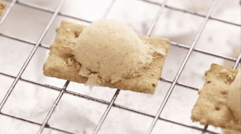 a teaspoon-sized mount of grated Parmesan on top of a cracker on a wire rack.