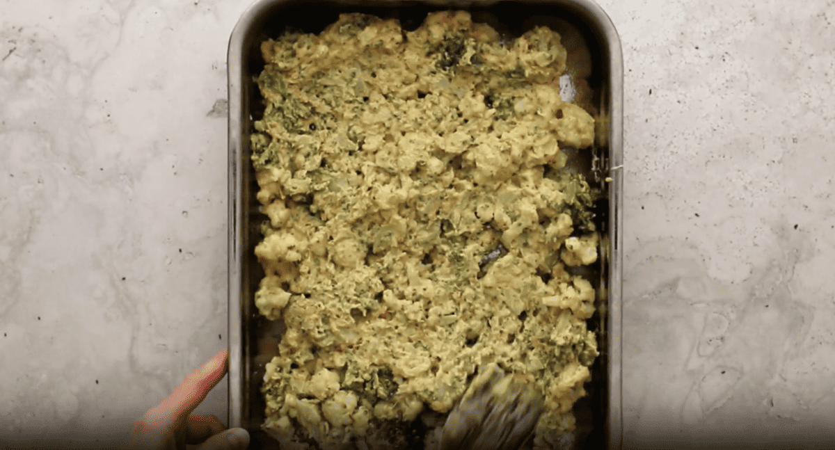 broccoli and cauliflower casserole in a baking pan.