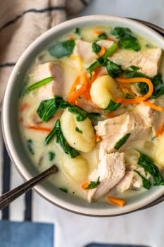 Chicken Gnocchi Soup is one of my favorites because it's so creamy and delicious! This copycat Olive Garden Chicken Gnocchi Soup recipe is so easy to make and tastes just like the real thing (maybe even better). I know you're going to love this chicken and gnocchi soup!