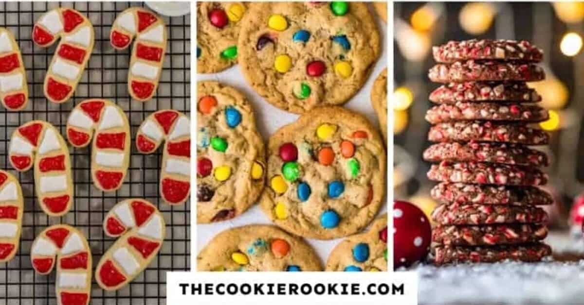 A collage of holiday cookies with candy canes.