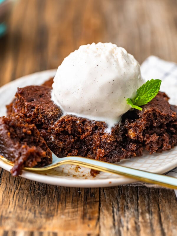 gingerbread pudding cake topped with ice cream