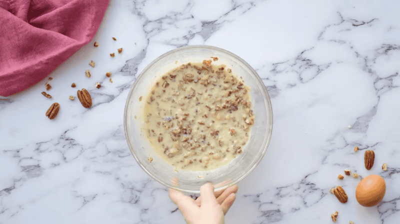 pecan pie filling in a glass bowl.