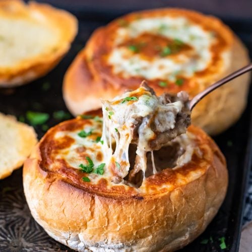 Philly Cheese Steak Soup Served in a Bread Bowl - Easy 30 Minute Meal