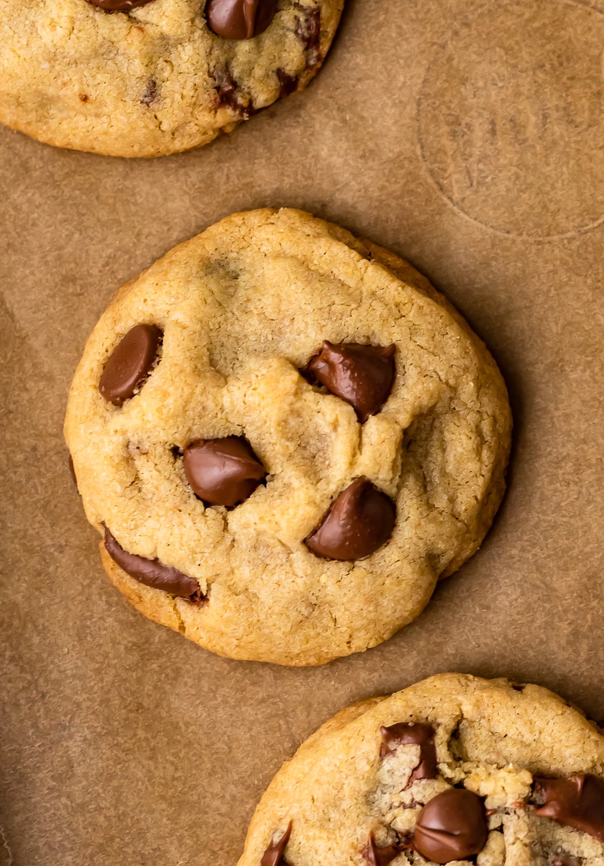 close up view of gluten free chocolate chip cookies on a baking tray