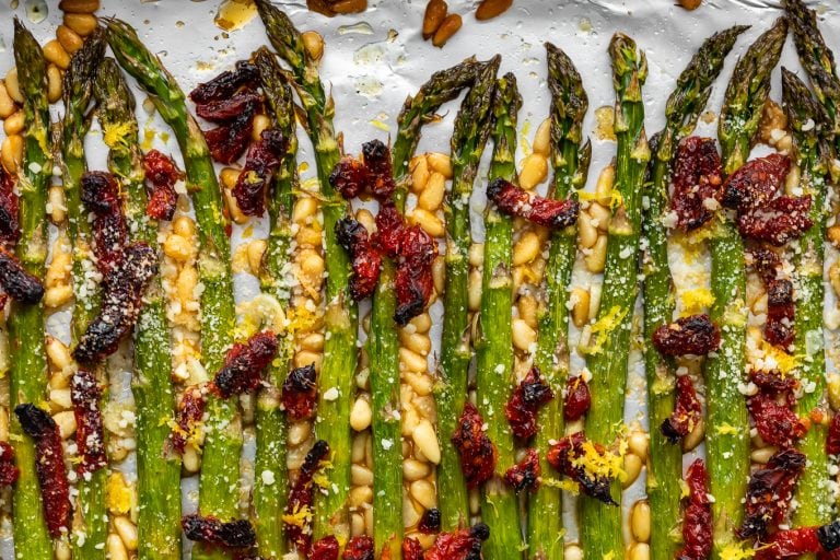 A delightful Oven Roasted Asparagus Recipe with Sun Dried Tomatoes & Parmesan