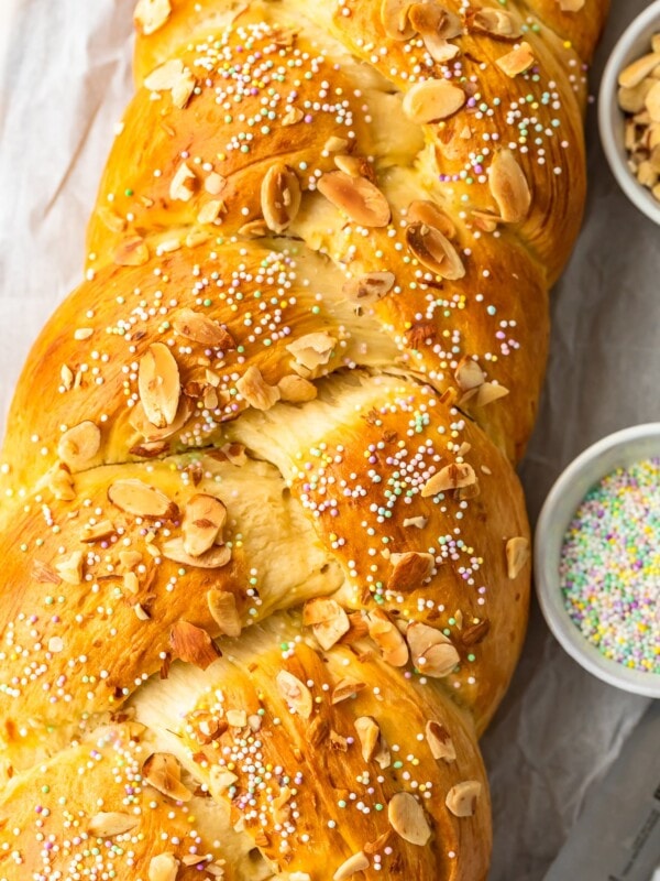 This Easter Bread recipe is so fun and festive! This simple sweet bread recipe is filled with flavor, and topped with sprinkles for a special treat. The Orange Almond flavor is perfect for Easter Sunday!