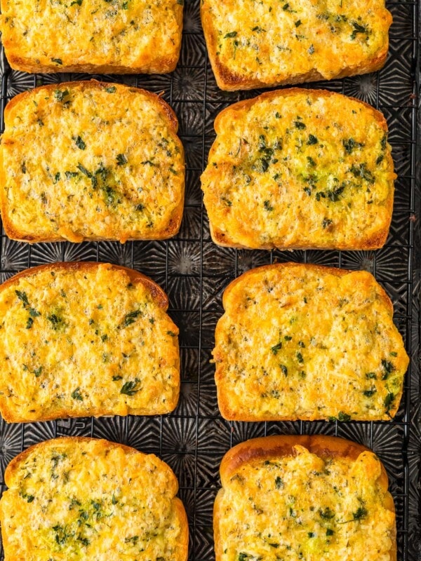 overhead shot of cheesy garlic bread on texas toast