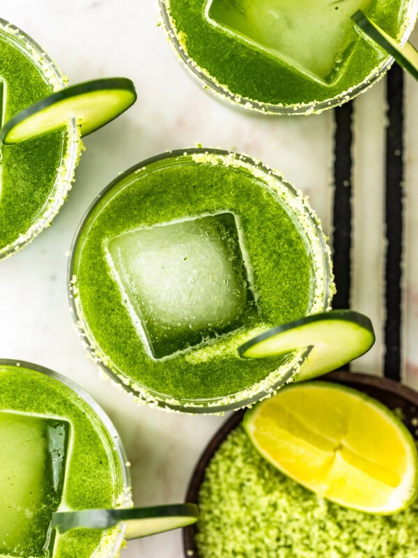 Cucumber margaritas with large square ice