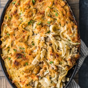 top shot of chicken tetrazzini in a baking dish