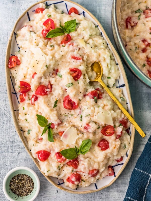 oven baked parmesan risotto in a baking dish