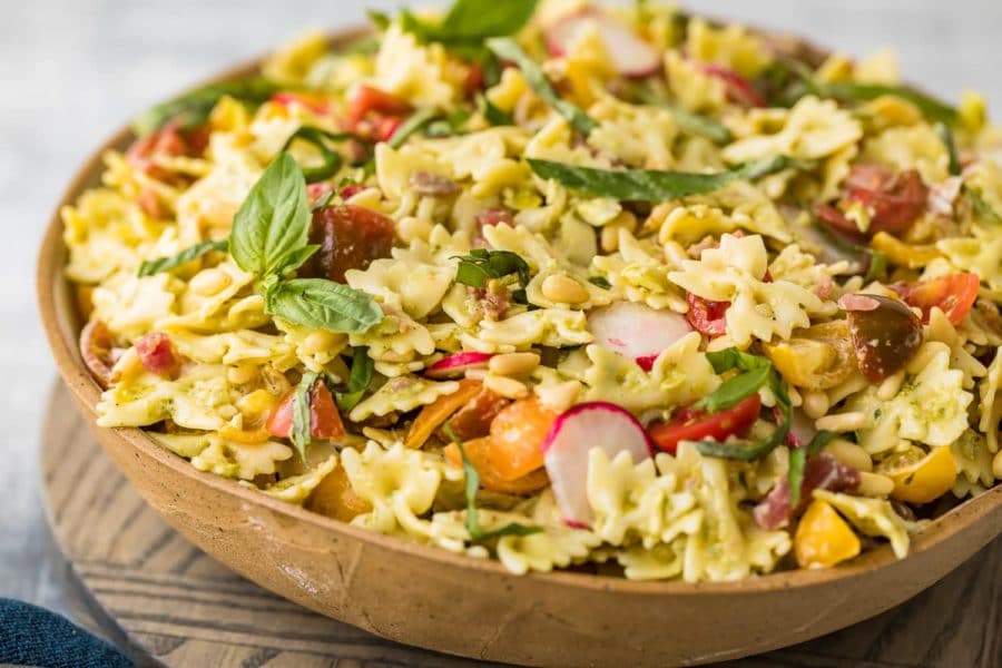 Pesto pasta salad with radishes.