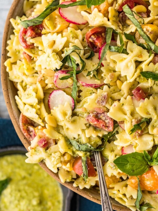 pesto pasta salad in a bowl