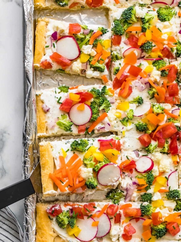 crescent roll veggie pizza on sheet pan