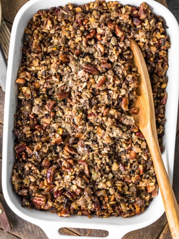 wild rice stuffing in baking dish