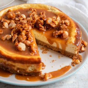 A caramel cheesecake on a plate