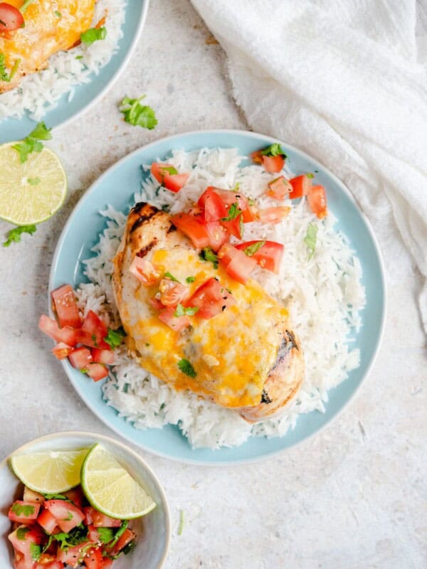 Tequila lime chicken on a blue plate