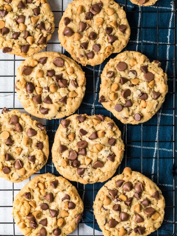 loaded chocolate chip cookies on a wire cooling rack