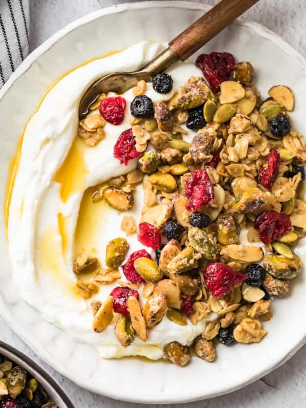 maple granola and yogurt in a bowl