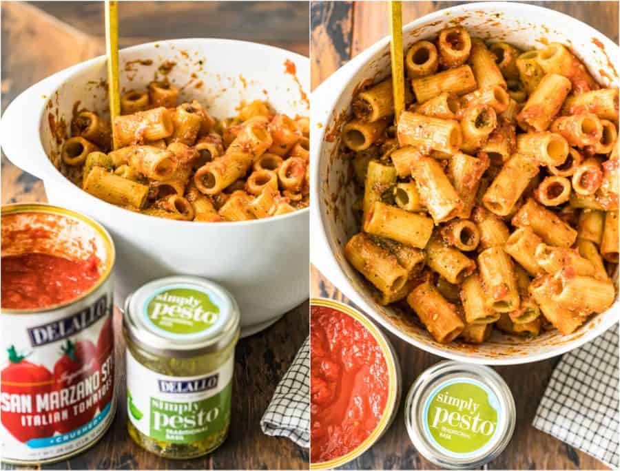 Two pictures of baked rigatoni in a white bowl along with a can of tomato sauce.