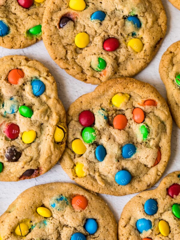 top shot of several freshly baked m&m cookies