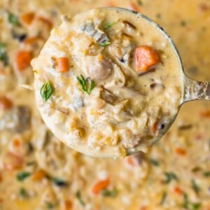 A comforting bowl of Turkey Wild Rice Soup with delicious chunks of leftover turkey and flavorful mushrooms.