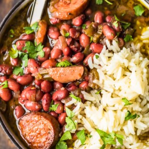 red beans and rice in bowl with spoon