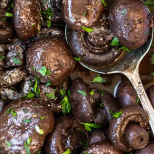 mushrooms being scooped up in big spoon