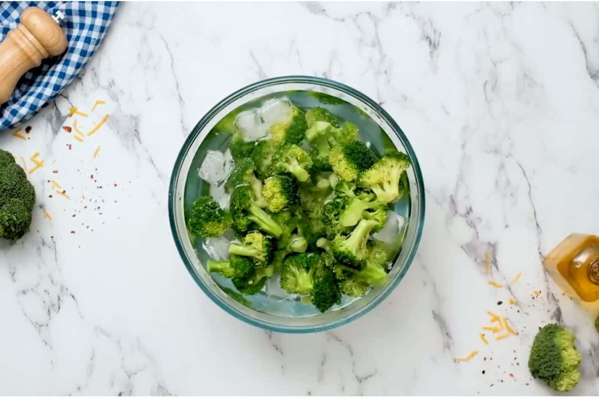 submerge broccoli florets in ice cold water