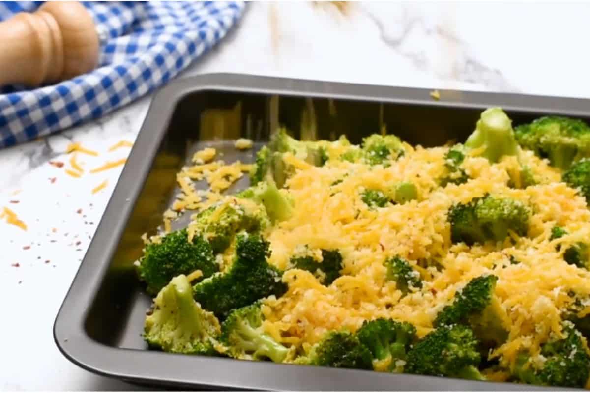 roasted broccoli topped with cheesy mixture