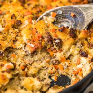 Breakfast casserole with sausage in a skillet.