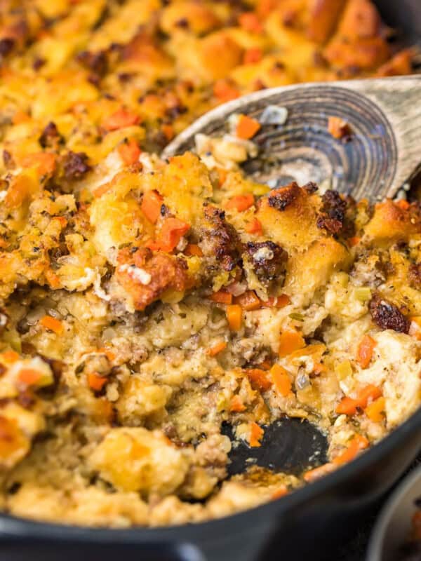 Breakfast casserole with sausage in a skillet.