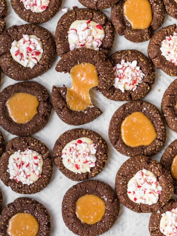 chocolate thumbprint cookies with salted caramel and peppermint