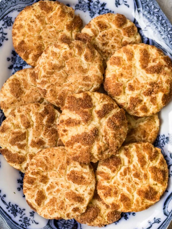 snickerdoodle cookies on a white and blue plate