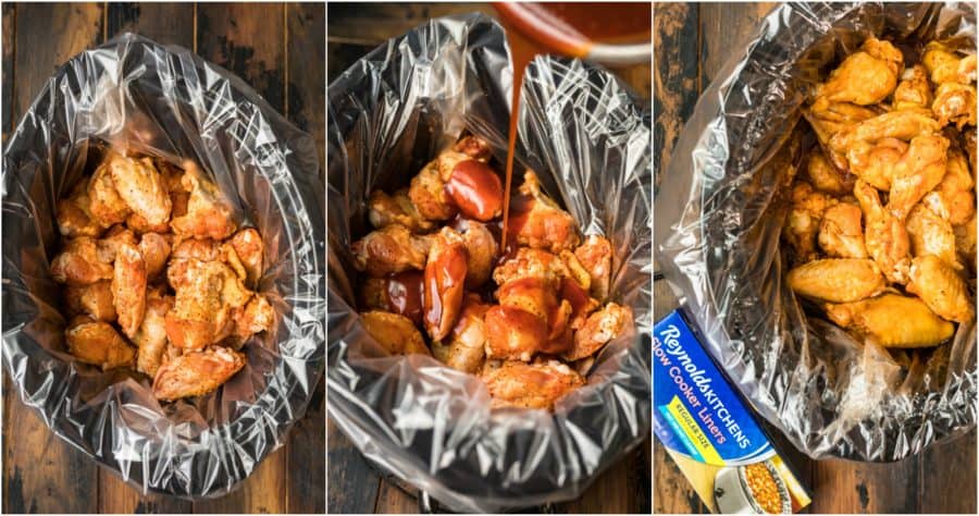 Four slow cooker pictures showing how to make chicken wings in a bag.