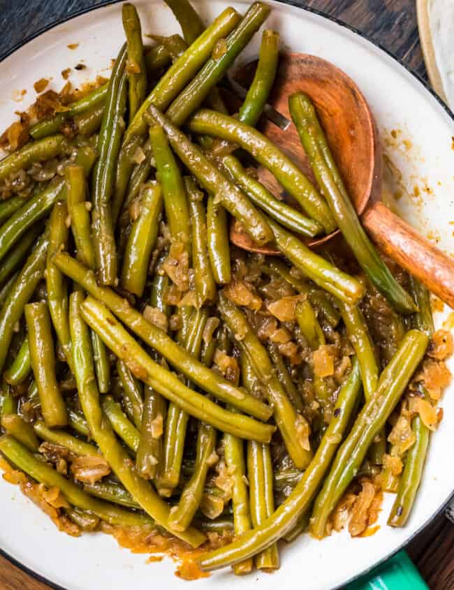 Pennsylvania dutch green beans on a white plate