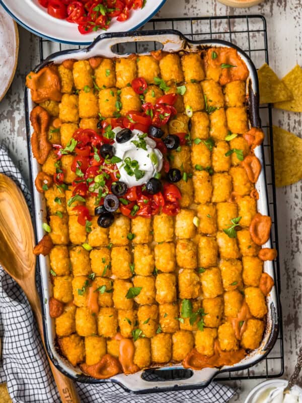 mexican tater tot casserole in a baking dish