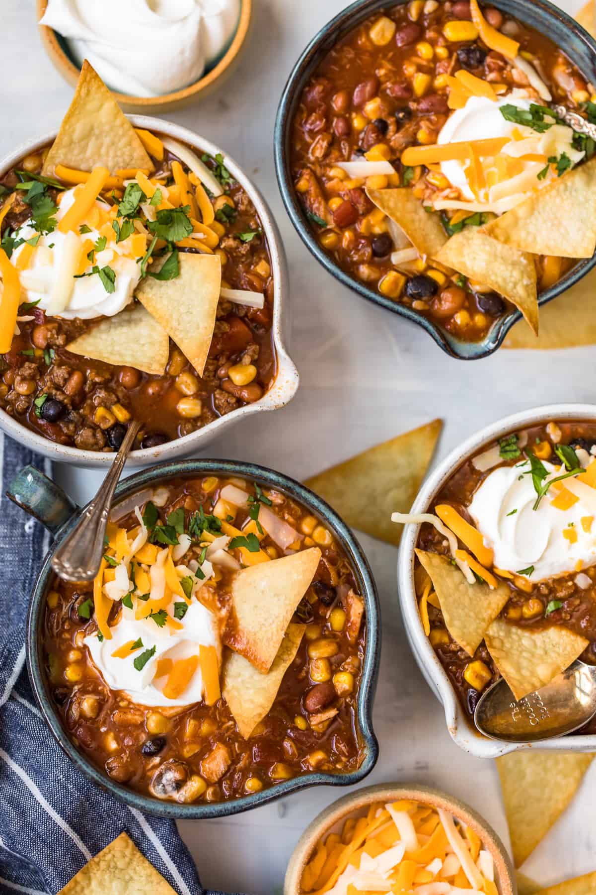 Four bowls of taco soup