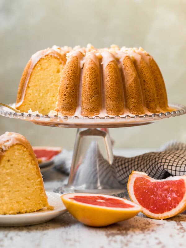 grapefruit bundt cake on a cake stand