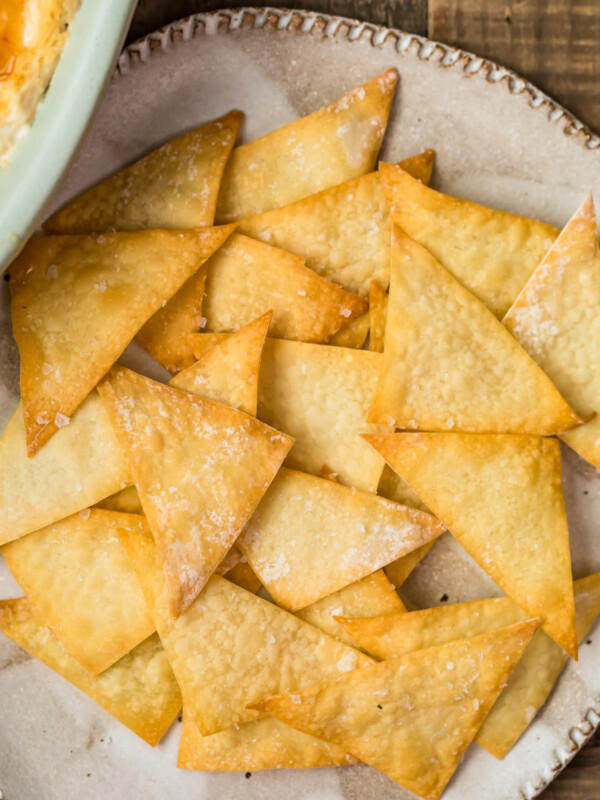 homemade wonton chips on a plate