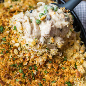 tuna noodle casserole in baking dish