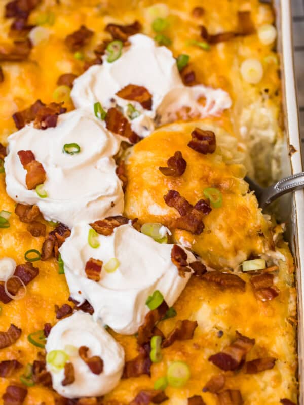 loaded hash brown potato casserole in baking dish